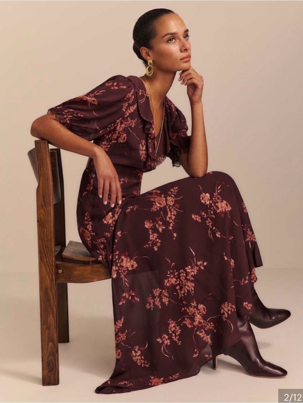 Reformation Evra Lace Georgette Burgundy Maxi Dress with Rust Floral Print - Picture 4 of 13